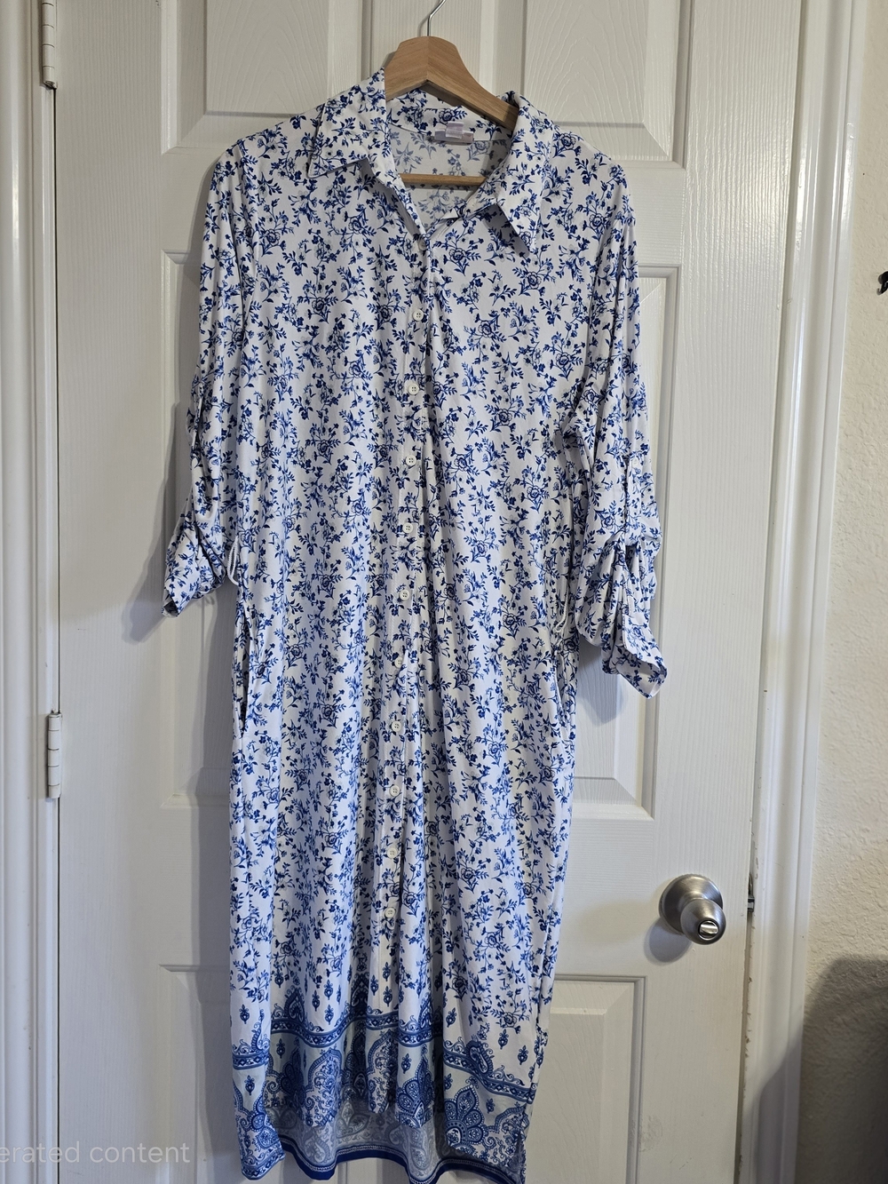 LuLaRoe Womens Blue White Floral Button Front Collared Midi Shirt Dress M